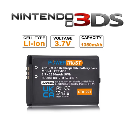 [BAT-GAM-PTR-CTR003-BK-225] PowerTrust Bateria PT-CTR-003 Reemplazo para Nintendo 3DS